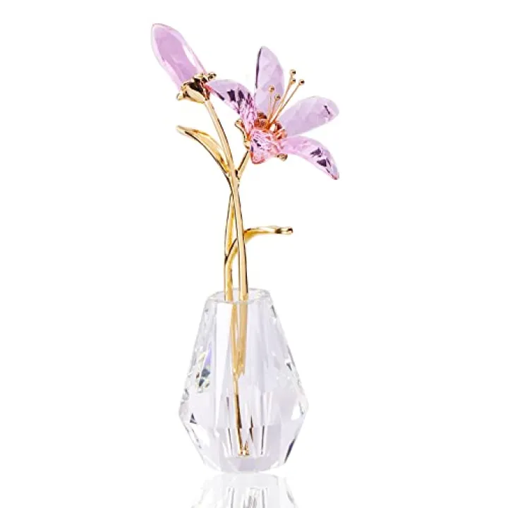 Movdyka Crystal Lily Flower Figurine with Stems, Handmade Collectible Statue for Decoration Mothers Day, Centerpiece, Bridal Shower Gift Pink