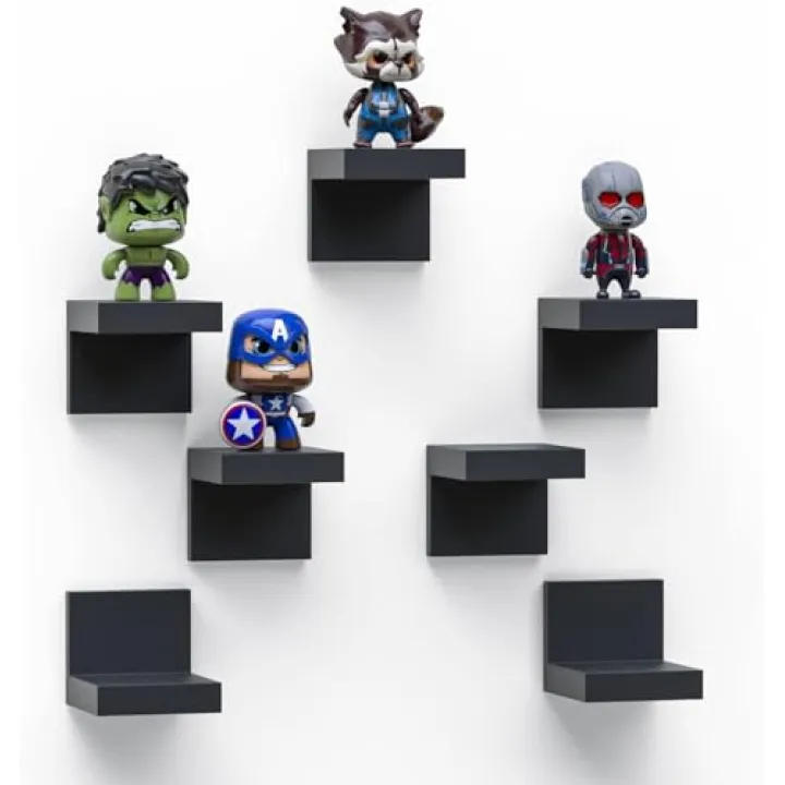 7-Pack Small Floating Shelves for Wall by RicherHouse, Plastic Black Shelf 4 Inch Display Ledges Room Decor, Mini with 2 Types of Installation (Adhesive or Screw)
