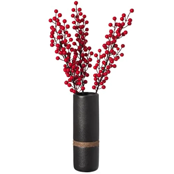 Decorative Modern Ceramic Cylinder Shape Table Vase Flower Holder with Rope, Black 11 Inch