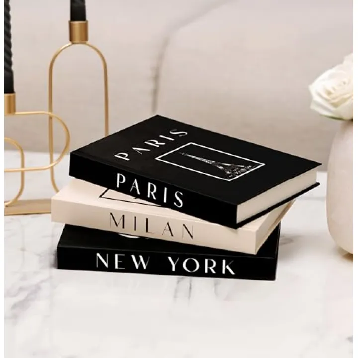 Decorative Books for Home Decor, Small Fake Books for Decoration with Blank Pages – Fashion Designer Coffee Table Book Decor Set of 3, Modern Book Stack Shelf Decor – Hardcover, Black/Cream