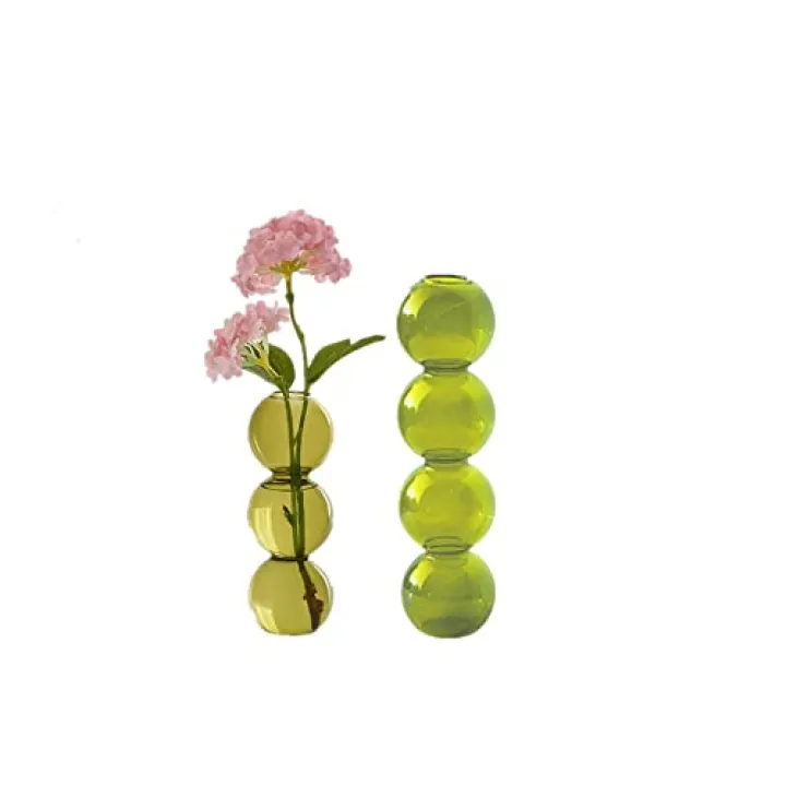 Bud Vase Set of 2, Bubble Hydroponic Vase Small Glass Flower Vase Clear Centerpieces for Wedding Rustic Home Decor, Decorative Glass Bottles for Office Table Decoration (Green)