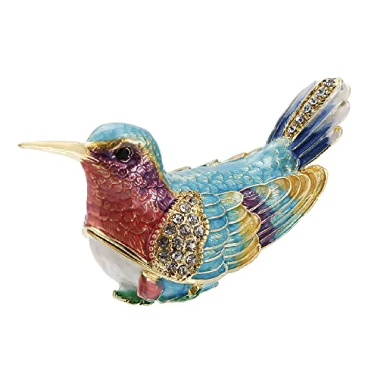 Vie jeune Hand Painted Enamel Hummingbird Trinket Box, Hinged Jewelry Box Unique Mini Ring Necklace Jewelry Organizer, Vintage Bejeweled Storage, Figurine Collectible Keepsake Home Decor (Blue)