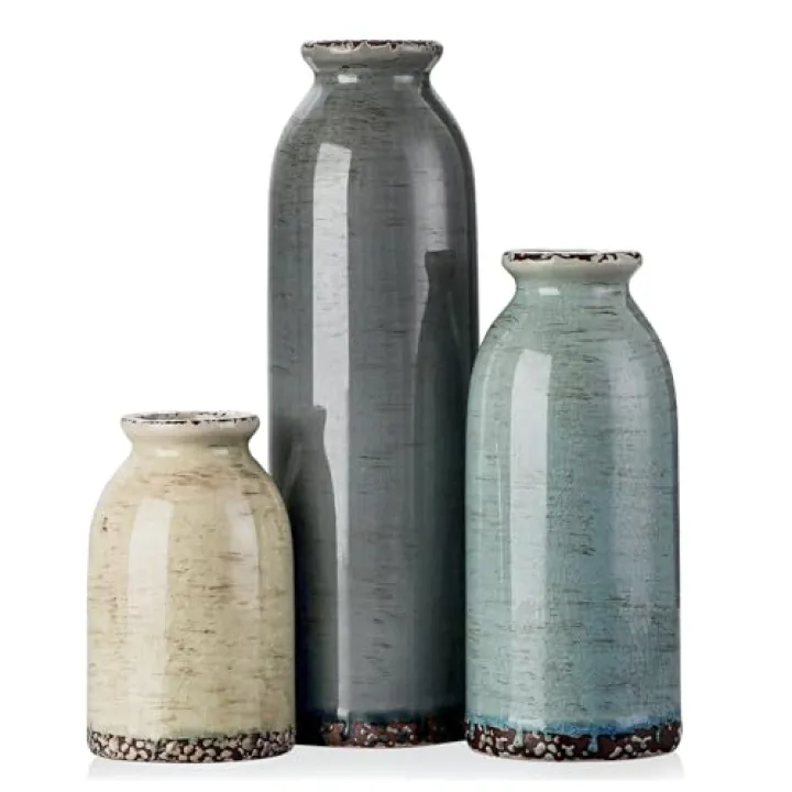 CWLWGO-Ceramic Flower Vase Set of 3, Pottery Decorative Vases for Modern Farmhouse, Living Room Kitchen Table Centerpieces, Idea Bookshelf Mantel and Entrance Decor - Multicolor