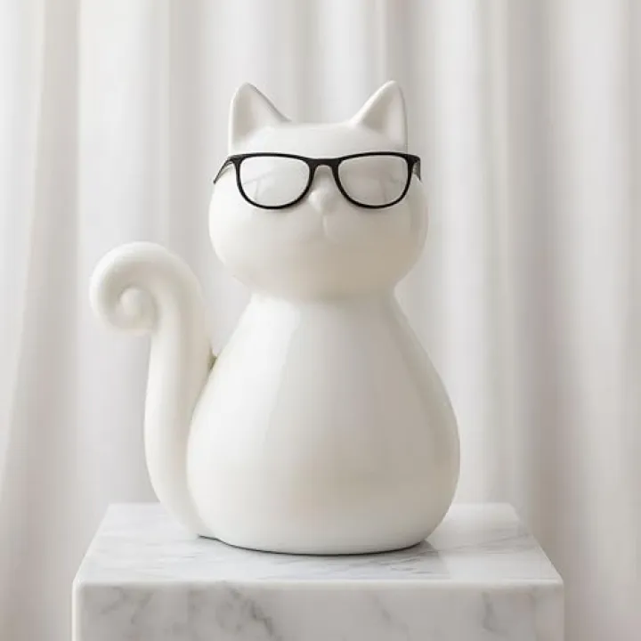 Ceramic Cat Figurine Sculpture – White Porcelain Stoneware Statue with Modern Glam Minimalist Design – Home Decor Accent for Bookshelf, Coffee Table, Bedroom, Office & Living Room – 8", White