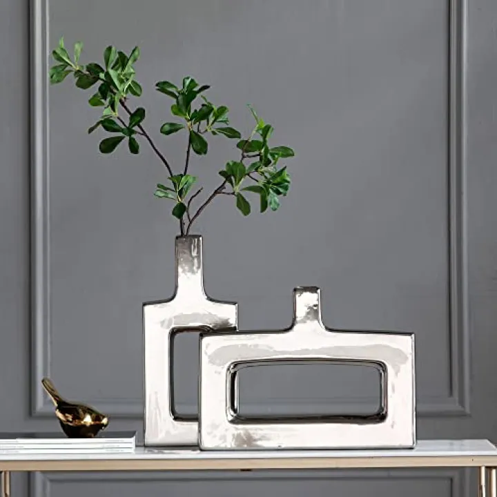 A&B Home Ceramic Flower Vase, Hollow Vase Mid Century Modern Décor, Tulipiere Vases Coffee Table Decorations for Living Room, Set of 2 Vases for Centerpieces, Silver