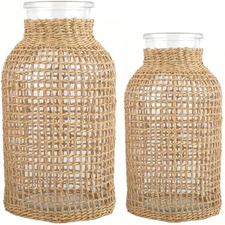 DOITOOL Clear Glass Vase with Woven Rattan Cover 11.01X3.93X3.93In Rustic Centerpiece Table Decoration Flower Vase for Home and Event Display