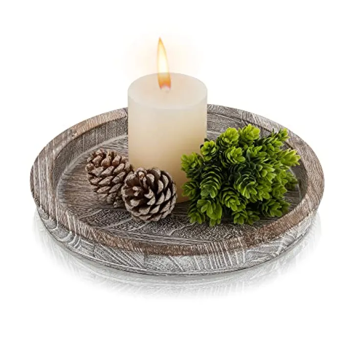 Hanobe Decorative Tray for Coffee Table: Round Candle Plate Holder Centerpieces for Dining Room Kitchen - Wooden Farmhouse Tray Vintage Home Decor