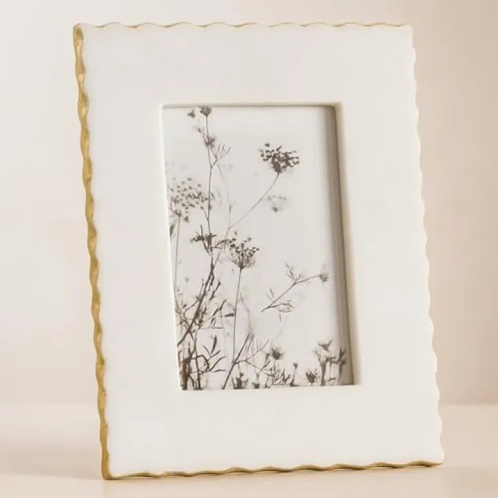 Marble Picture Frame with Gold Accents – Unique Picture Frames for Tabletop or Wall Mounting – Elegant 4x6 Photo Display for Office and Home Decor – 7"x9", White