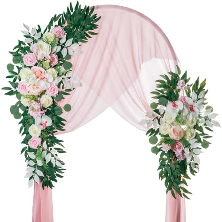 Lisuun Wedding Arch Flowers, Artificial Flowers for Decoration, 2pcs Flower Swag and 1 pcs Semi-Sheer Chiffon Table Runner Swag for Beautiful Dream Wedding Ceremony Floral Decor - Pack of 3