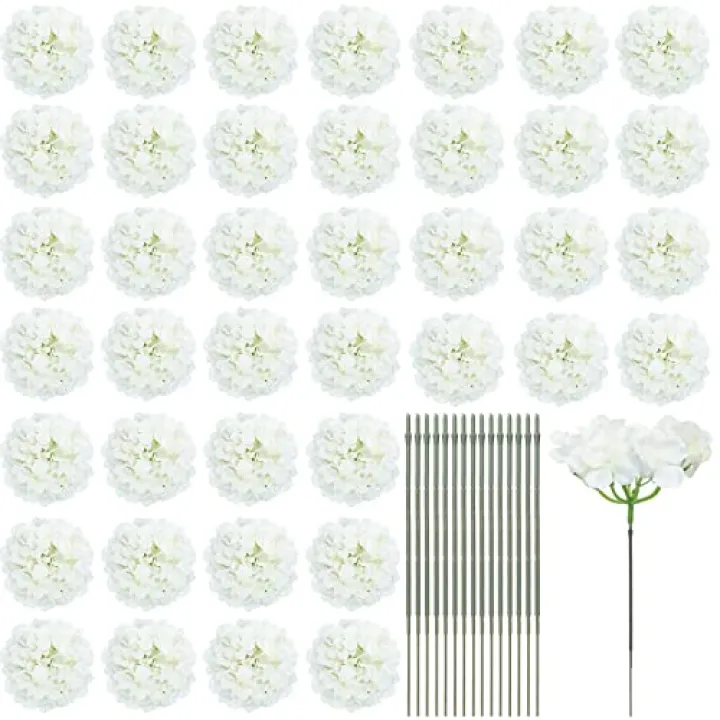 Janinka 60 Pieces Silk White Hydrangea Artificial Flowers Heads Full Hydrangea Flowers with 100 Pcs Stems Faux White for Wedding Centerpieces Long Fake Bouquet for Home Decor Indoor Garden