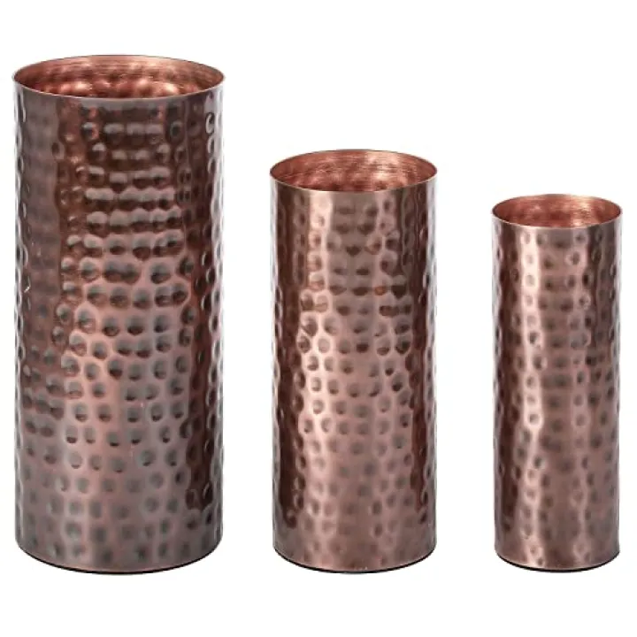 MyGift Modern Vintage Copper Tone Metal Tall Cylinder Flower Vases with Hammered Texture, Decorative Centerpiece, Set of 3 (Large, Medium, Small Sizes)