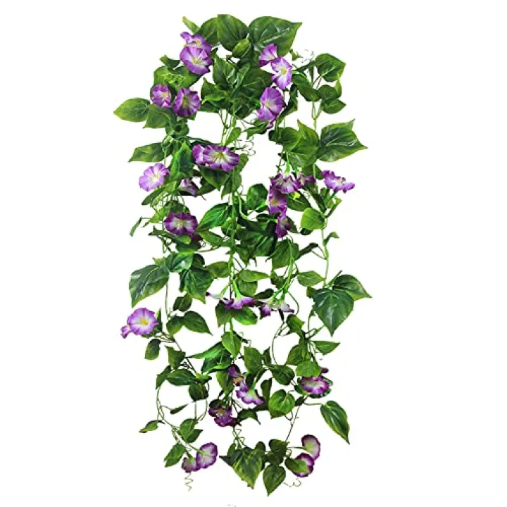 FERIAL Artificial Vines 15Feet Silk Flower Garland for Outdoors Purple Morning Glory Vine Artificial Flowers Hanging Plants Garland Fake Green Plant 2Pcs for Wall Fence Indoor Wedding Banquet Decor