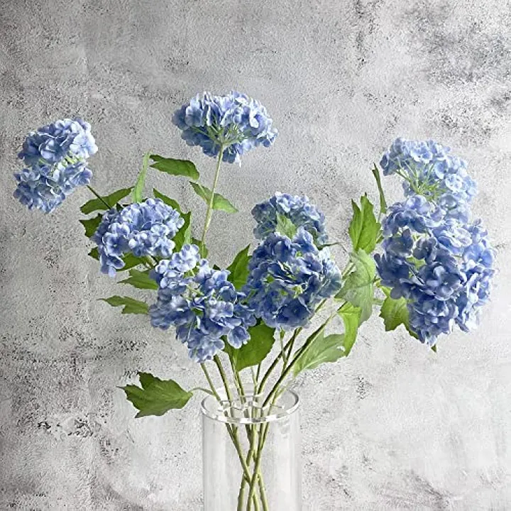 YalzoneMet 4 Pcs Artificial Snowball Viburnum Hydrangea Flower 26.8'' Blue Small Real Touch Faux Latex Long Stem for Christmas Home Decoration Xmas Table
