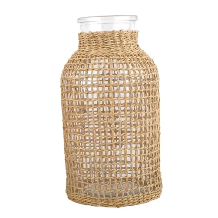 Woven Straw Glass Flower Vase Rustic Dry Flower Vase Decorative Glass Bottle Rattan Holder for Home Decor Khaki