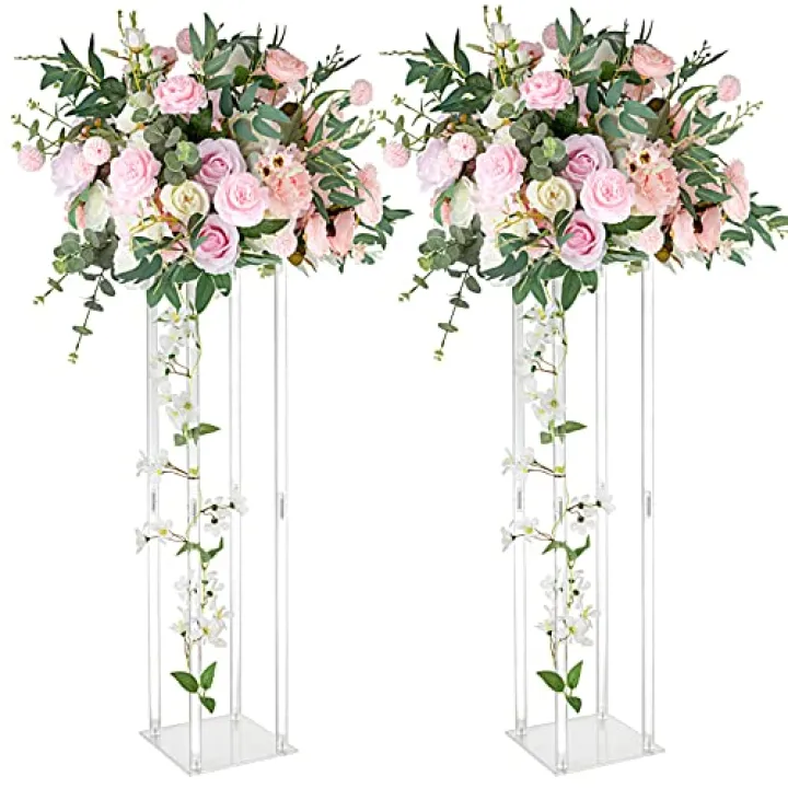 LANLONG 2 Pcs Clear Acrylic Vases Wedding Centerpieces for Tables,31.5in Flowers Risers for Display Column Flower Arrangement Stand for Wedding Party Home Decor