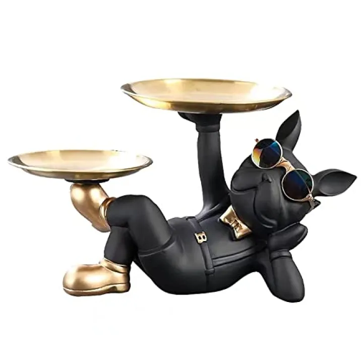Baojulong Cool Resin Dog Statue with 2 Trays and Cute Glasses Black French Bulldog Figurine Ornaments Animal Sculptures Home Decor Anniversary Thanksgiving Christmas Birthday Gifts