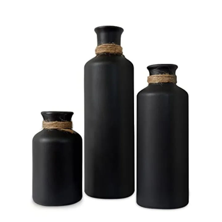 Matte Black Ceramic Vase Set, 3 Small Rustic Decorative Vases for Modern Farmhouse Office Home Decor, Living Room Centerpieces Decoration for Table Mantel Entryway Shelves Decor