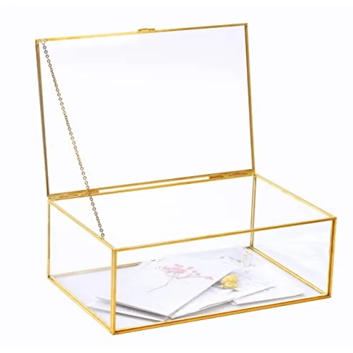 Levilan Large Golden Vintage Lidded Glass Box, Edge Bracelet Decorative Jewelry Display Box, Rings Bracelet Organizer Home Decor(10.8x7x3.9 inch)