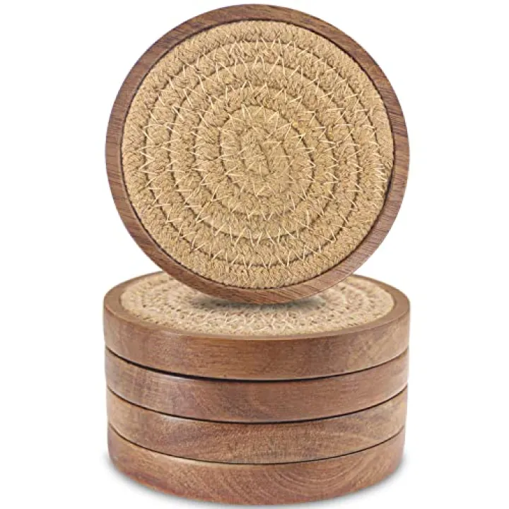 Wood Coasters for Drinks, Eykao Absorbent Coaster Sets of 5, Woven Drink Coasters for Coffee Table, Housewarming Gift for Farmhouse Home Decor,4 inches