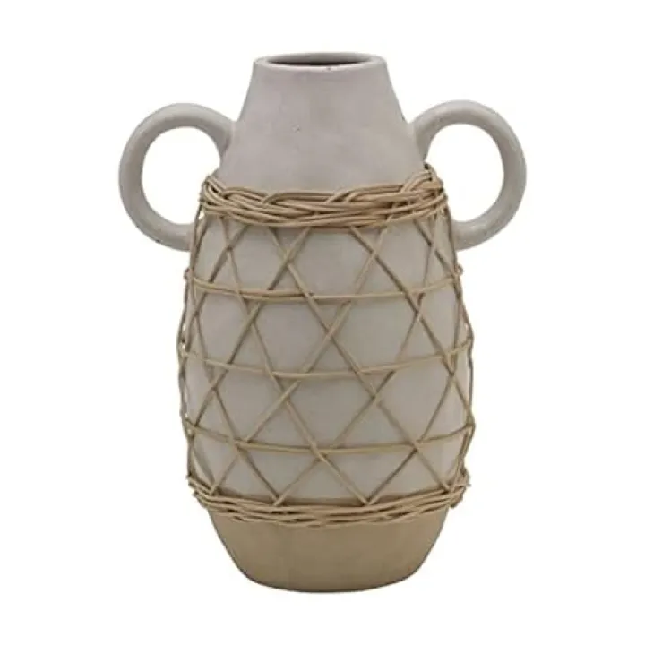 Elements Ceramic Vase with Handles and Rattan Weaving, 9 Inch, White
