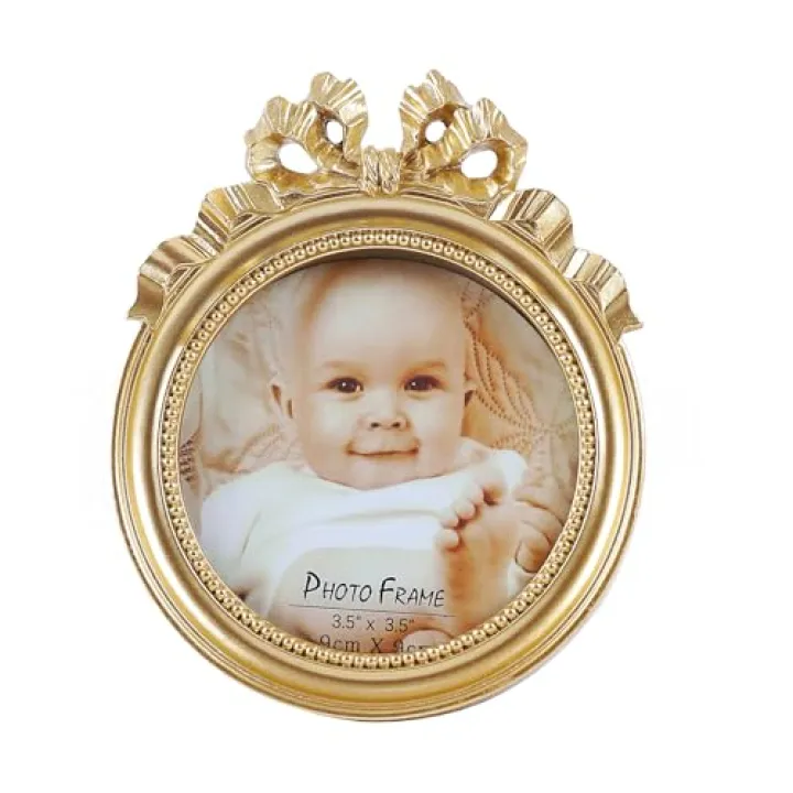 Kangce Vintage Picture Frames 3.5x3.5 Ornate Wallet Size Round Small Gold Picture Frames for Tabletop and Wall Mount Retro Home Decor Antique Wall Decor with Embossed Bead and Bow