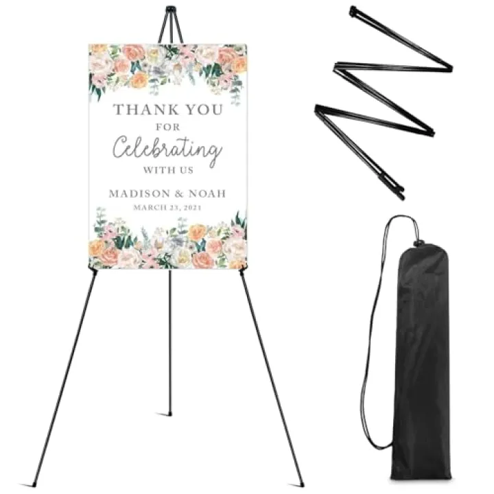 RRFTOK Easel Stand for Sign,63'' Instant Lightweight Portable Ground Easel for Wedding Sign and Poster Display Stand, Metal Tripod with Portable Bag,1-Pack.