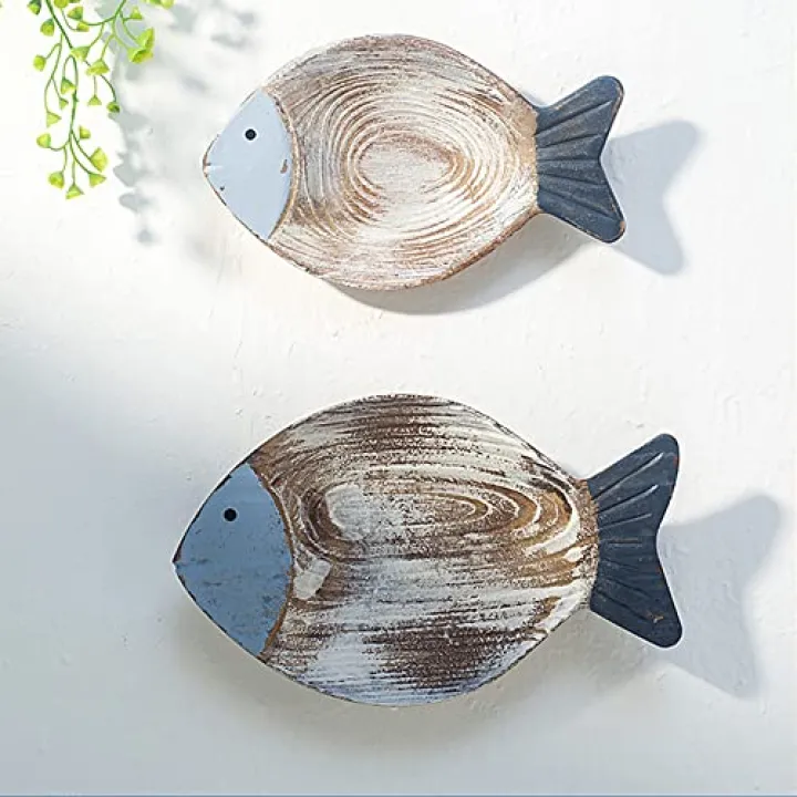 OECECR 2Pcs Wood Fish Nautical Beach Wall Decor, Wooden Hanging Coastal Wall Art Decor for Home, Lake House, Ocean Bathroom Decor - Blue