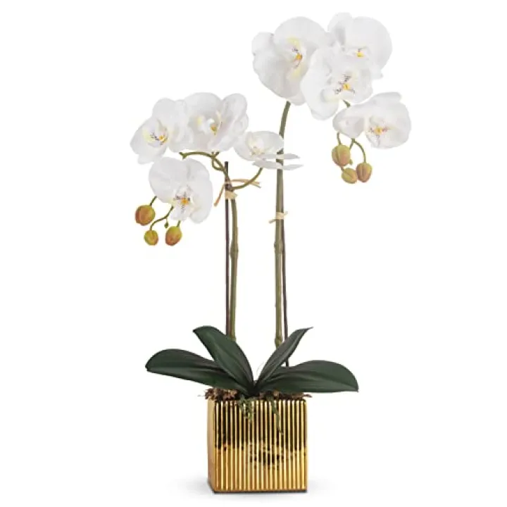 Ziwon Artificial Orchid Flowers Potted in Ceramic Pot, White Faux Phalaenopsis Orchids for Table Centerpiece, Realistic Fake Flower in vase for Home Office Decor Indoor