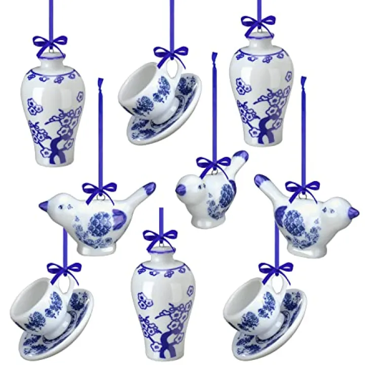Funtery 9-Piece Blue & White Porcelain Ornaments - Chinoiserie Fall Pumpkin Decor Hanging Pendants - Ceramic Christmas Tree Ornaments for Christmas & Autumn Decoration (Vivid Style)