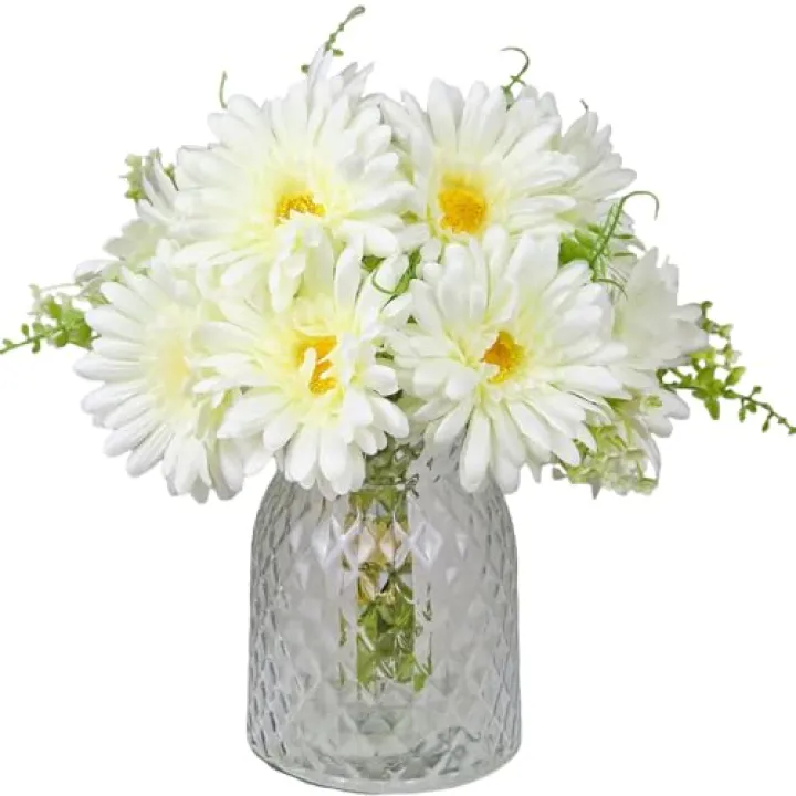 TOPIA Fake Flowers Artificial Daisies & Gerbera Bouquet Silk White 10 Stems Match with Wild Flowerets