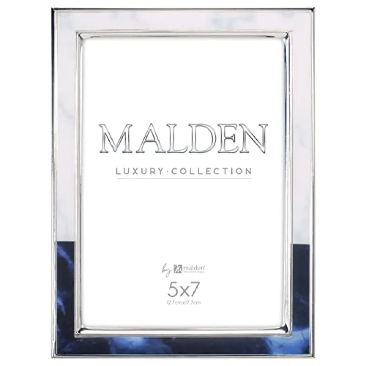 Malden International Designs 5x7 Two Tone Marbled Metal Picture Frame White Sapphire Blue Shiny Silver Finish