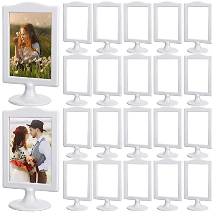 Amyhill 20 Pcs Double Sided Standing Picture Frames 4 x 6 Pedestal Photo Frame Plastic Each Holds 2 Pictures Tabletop Vertical Display for Wedding Table Bridal (White)
