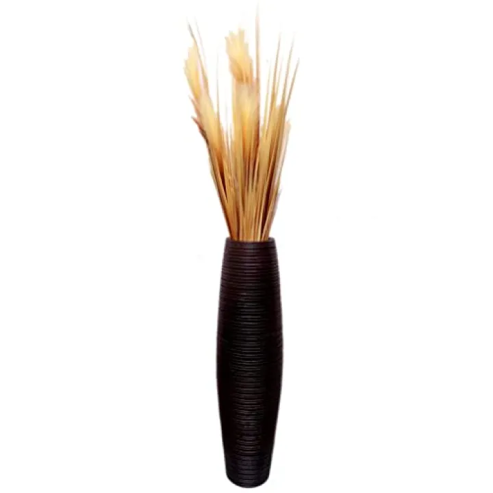 Brown Decorative Contemporary Mango Wood Ribbed Design Round Floor Vase, 31 Inch