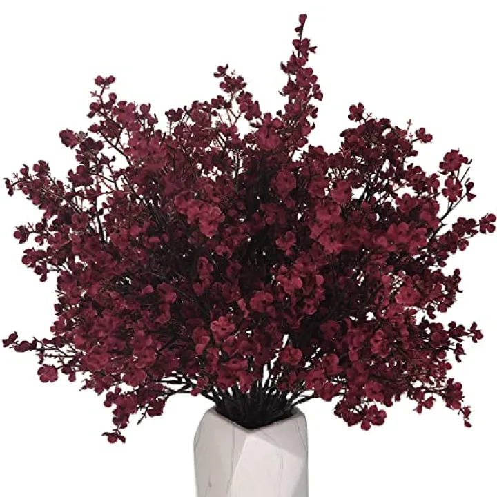 LUSHIDI 15PCS Artificial Baby Breath Flowers Fake Silk Real Touch DIY Floral Bouquets Decor Wedding Party Decoration Arrangements-Burgundy