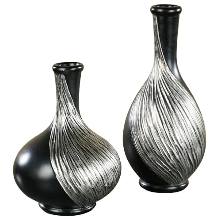 Textured Swirl Silver Black Decorative Modern Table Vases Set of 2