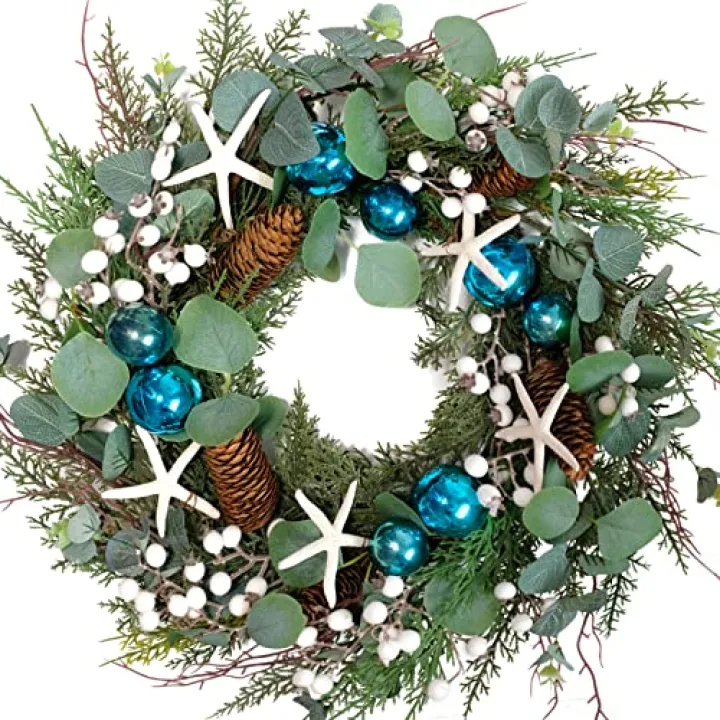 18 Inch Eucalyptus Leaves Starfish Blue Shatterproof Wreath for Home and Front Door Decoration, Greenery Wreaths with White Berries for Home Decoration, Starfish Wreath for Everyday Indoor and Outdoor