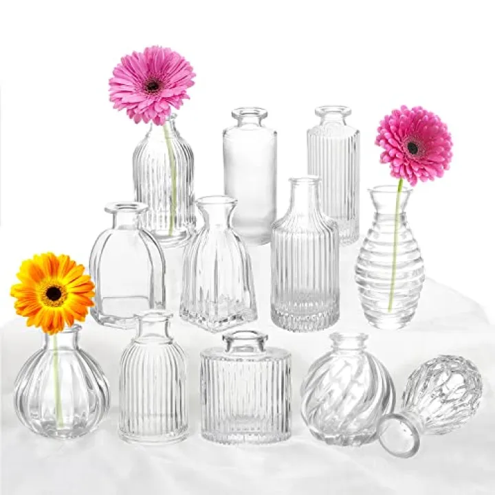 Bud Vases Set of 12, Glass Vase for Decor Centerpieces, Small Vases for Flowers, Clear Flower Vase Stripe Modern Bud Vases in Bulk, Vintage Vases for Floral Wedding Party Table Decoration Home Decor