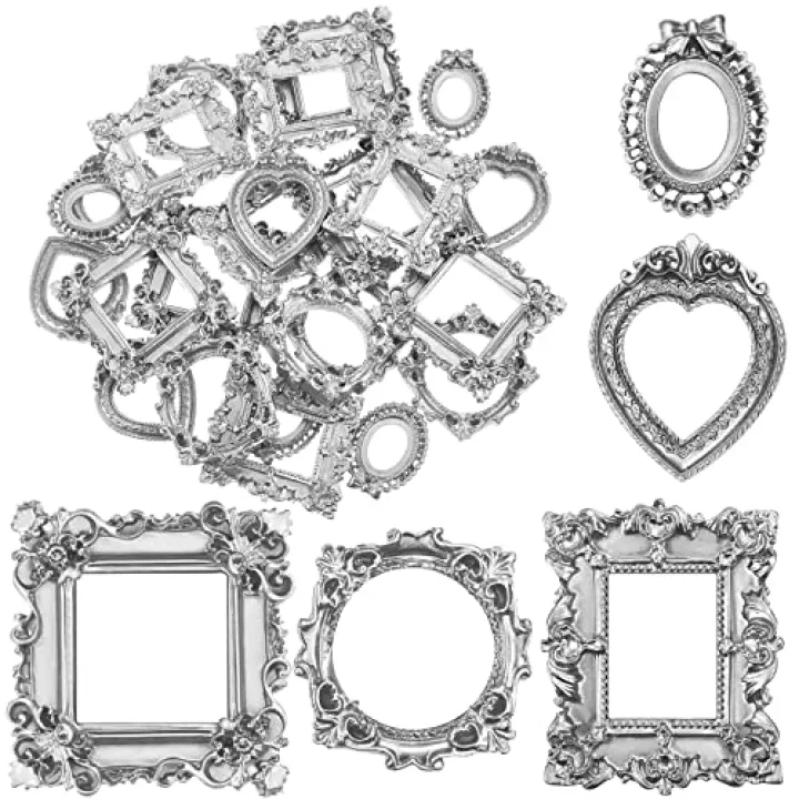 Vintage Resin Picture Frame - Antique Photo Display, Mini Jewelry Frame, DIY Small Photography Frame for Manicure, Home Decoration (Silver, 25 Pieces)