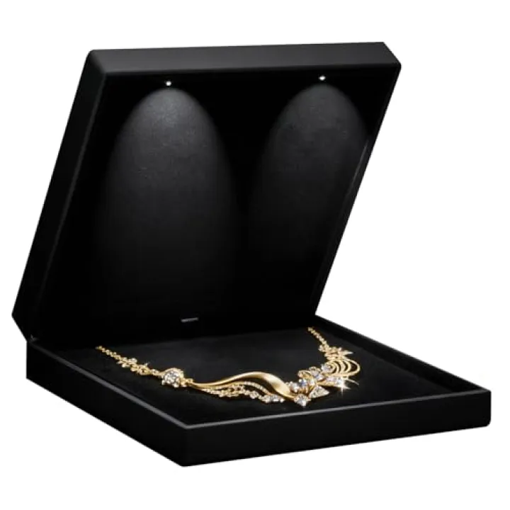 Allure - Large Necklace Box With LED Light, Square Shaped, Elegant Diamond Necklace Case, For Unique Proposal, Engagement Or Wedding, Luxury Black Velvet Interior Jewelry Display Gift Box
