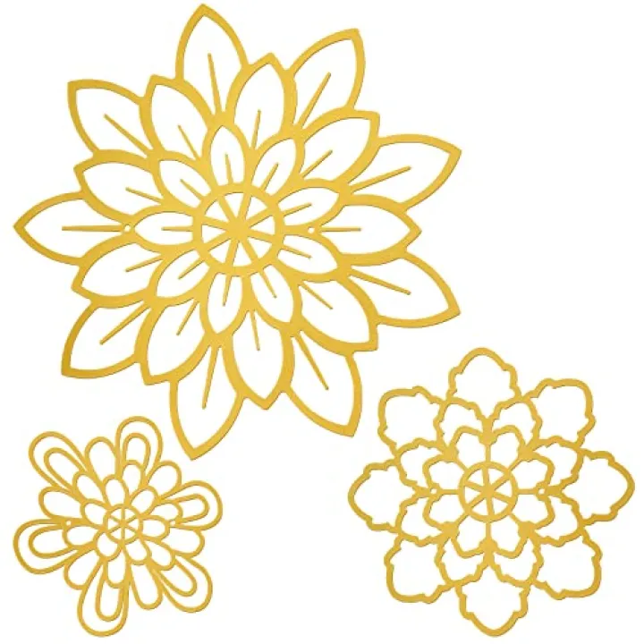Moxweyeni 3 Pieces Metal Flowers Wall Decoration, Metal Rustic Wall Art Farmhouse Multiple Floral Hanging Decoration for Bathroom Living Room Kitchen Garden Office(Gold)
