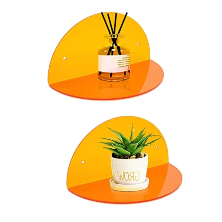 ROYALITA Small Acrylic Shelves Room Decor Floating Shelves (2-Pack, 8-inch Diameter) - Wall Mounted Display Stand for Plants, Toys, Makeup, and More - Ideal for Home and Office, Orange