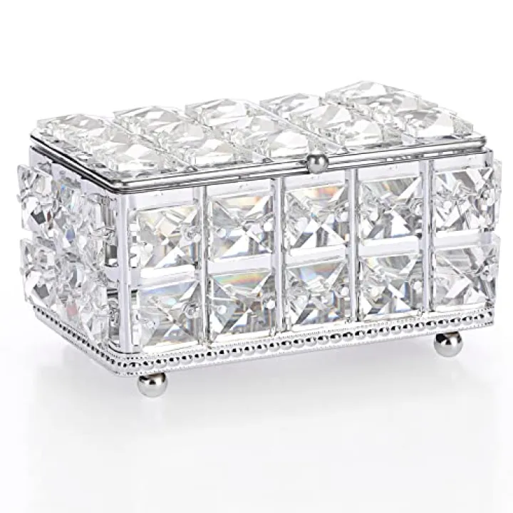 ELLDOO Crystal Jewelry Box Rectangle Trinket Organizer with Lid Earrings Rings Vintage Treasure Keepsake Box for Valentine Wedding Dresser Bedroom Decoration, Silver