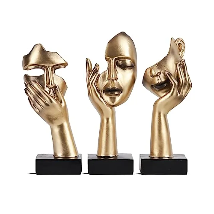oliruim 3 Pcs Thinker Small Statue Set - Black Gold Home Decor Abstract Art Figurines for Shelves, Living Room Coffee Table, Office Desktop (3 Pcs Gold, 6")