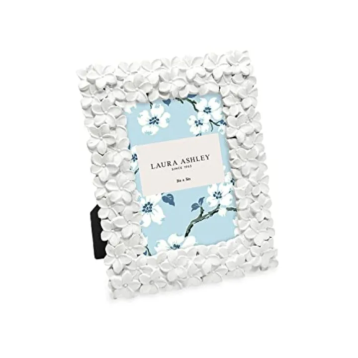 Laura Ashley 2x3 White Flower Textured Hand-Crafted Resin Picture Frame w/Easel & Hook for Tabletop & Wall Display, Decorative Floral Design Home Décor, Photo Gallery, Art (2x3, White)