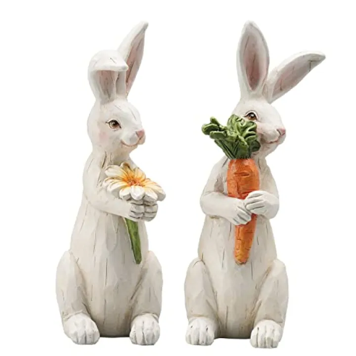 Newman House Studio Easter-Decorations Bunny-Decor Spring-Figurines Table-Centerpiece - 2PC Spring Decorations Resin Rabbits with Carrot and Flower Tabletop Ornaments for Home Farmhouse 4.5H inch