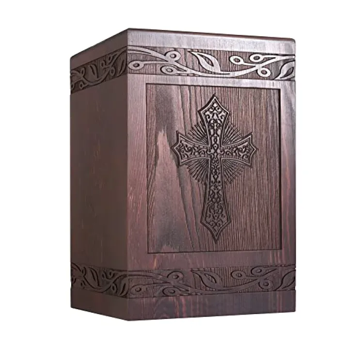 Cremation Urns for Human Ashes Adult Male Female, Wooden Carved Cross Urns Box and Casket for Ashe Men Women Child, Pets Cat Dog Urn, Burial Funeral Memorial Urns for Ashes, Holds 222 Cubic Inch