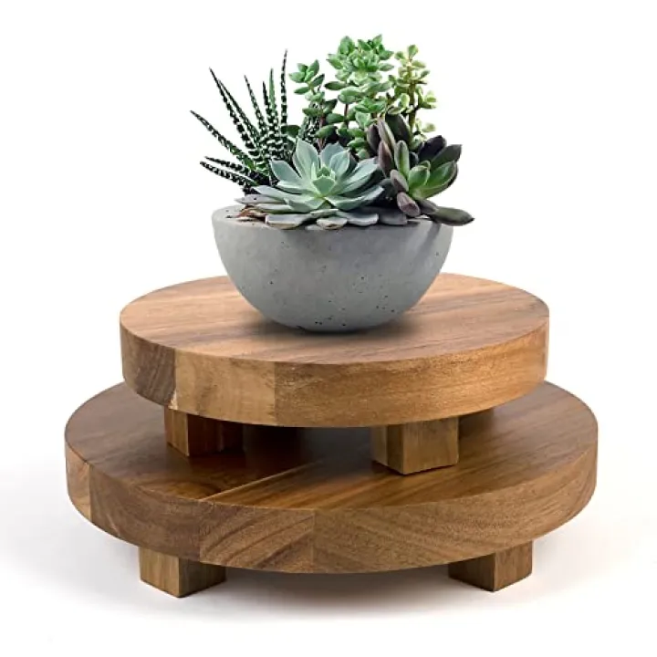 Mavurve Wood Pedestal Stand 2Pcs 7-9 Inch Round, Natural Acacia Wood Risers for Decor, Farmhouse, Kitchen/Bathroom Counter, Plant Stand