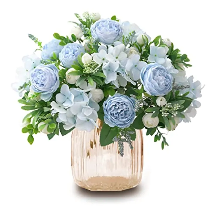 CYANLUX Artificial Peonies Fake Flowers, White Pink Silk Peony Bouquet 4 Bundles with Eucalyptus Leaves for Farmhouse Home Boho Wedding Table Centerpiece Decoration (Blue)