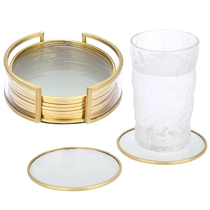 JUXYES Set of 8 Glass Round Coasters with Holder, Golden Brass Coasters for Drinks Glass Cup Coaster Set Modern Coaster Cups Mats Decor for Restaurant Kitchen Bar Dining Table