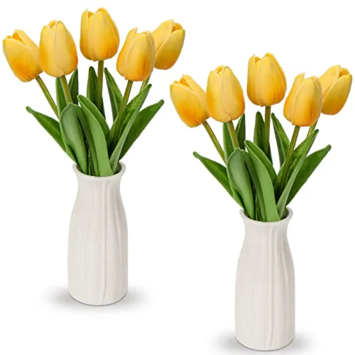 Briful 2 Packs Faux Flowers Artificial Tulips with Ceramic Vase, Poly Foam Yellow Tulips Real Touch Flower Arrangement for Home Kitchen Wedding Centerpiece Decoration